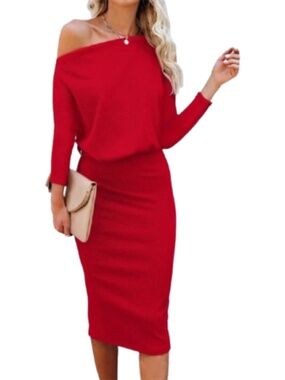 Women’s Red Ribbed Off The Shoulder Midi Dress Size Medium